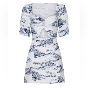NWOT Reformation Clay Covina Linen Cutout Mini Dress  Blue white Toile 10